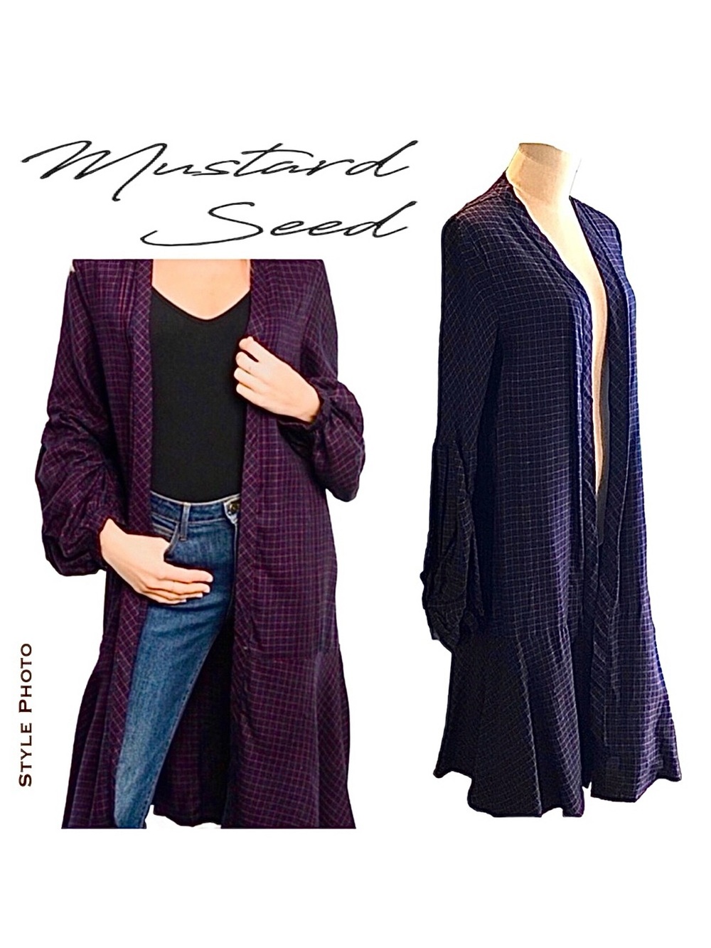 Gigi Peplum Blue Red Mutton Sleeve Duster Long Cardigan (M)
